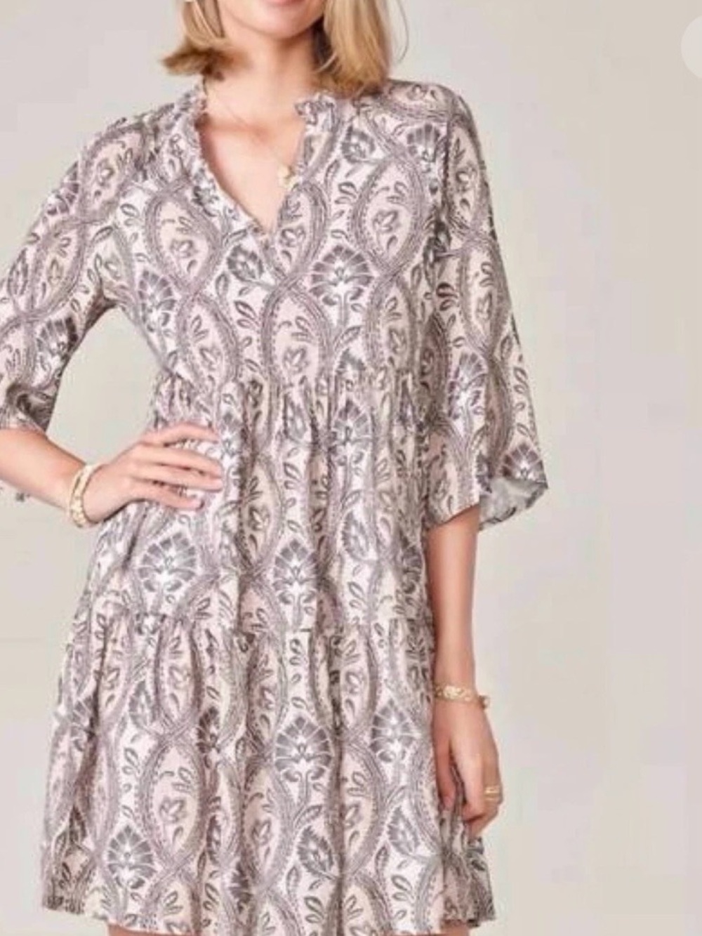 Spartina 449 XL Womens Maisie Arbor Neutral Print Tiered 3/4 Sleeve Mini Dress